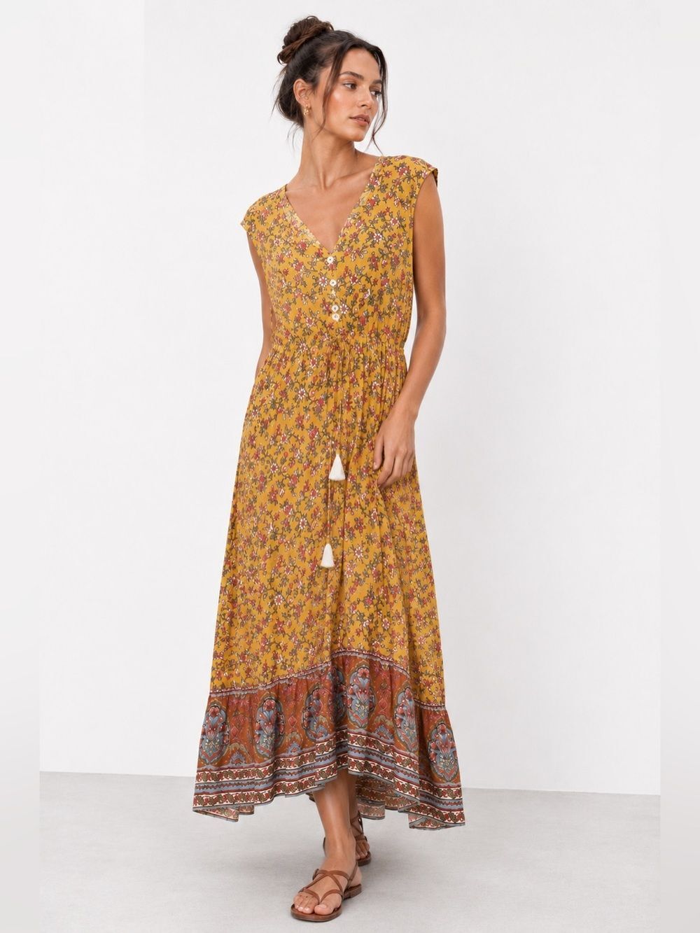 Floral Boho Coastal Western Cottagecore Maxi Dress Sleeveless Tassel ePretty LG